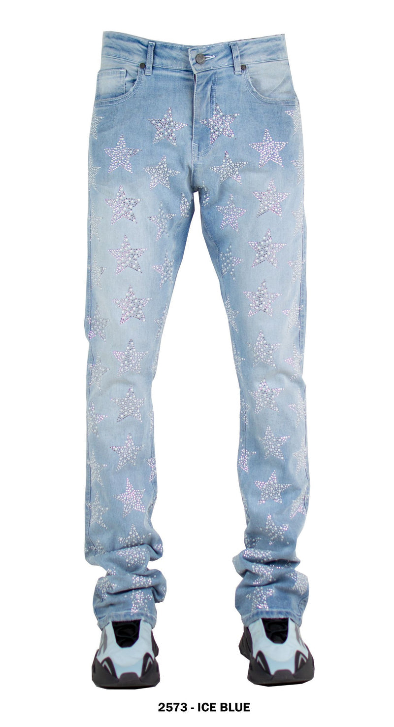 Rhinestone Star Stacked Denim Ice Blue