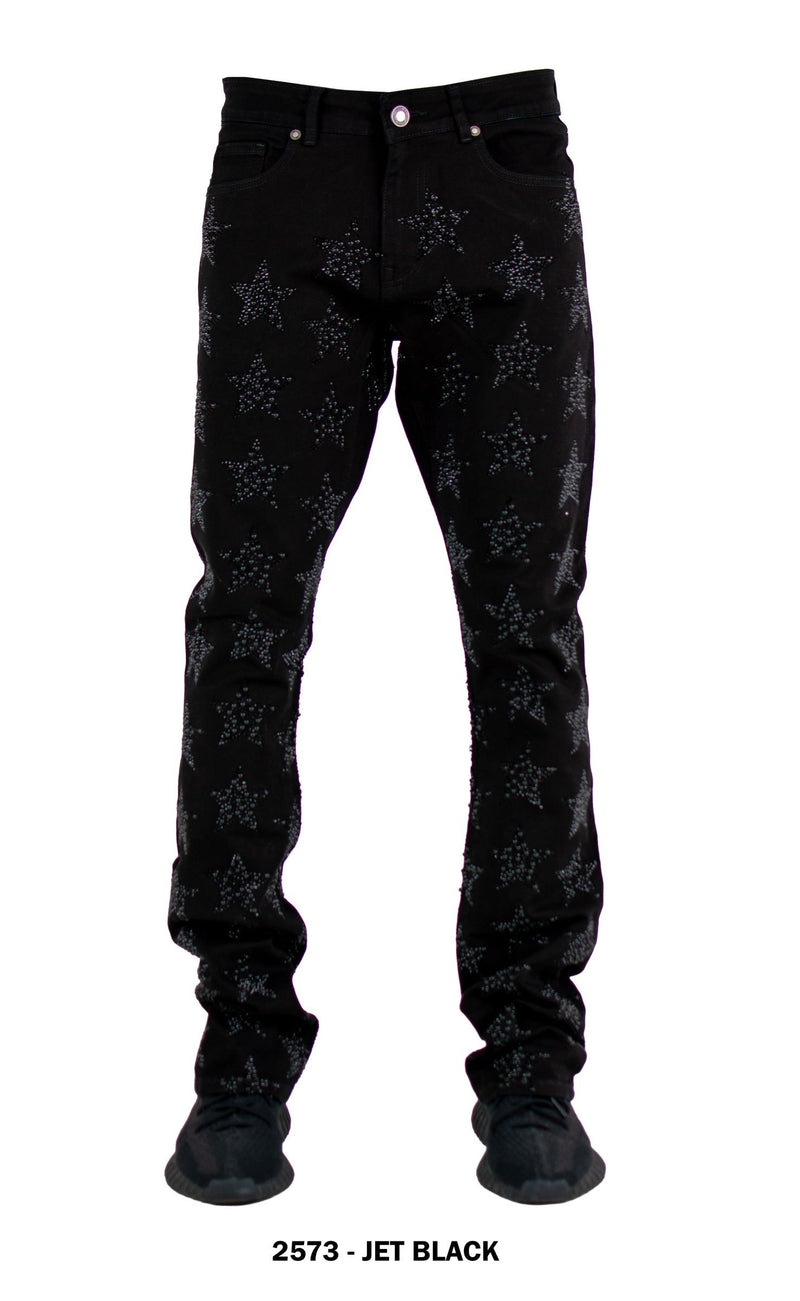 Rhinestone Star Stacked Denim Jet Black