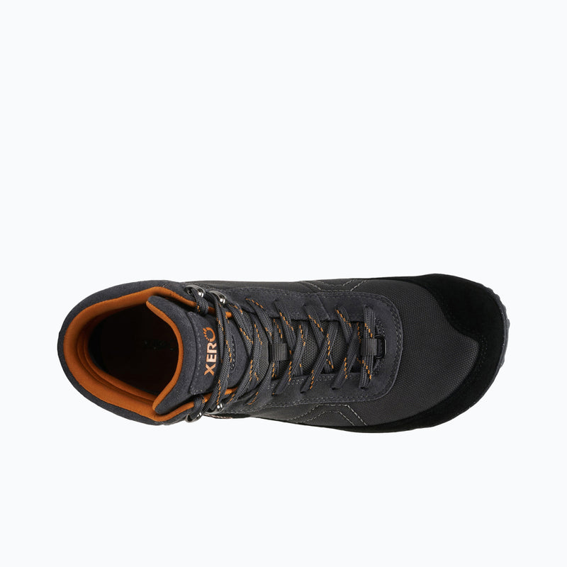 Top View of Xero Shoes Ridgeway Men Boot in Black Asphalt with Toe Facing Right