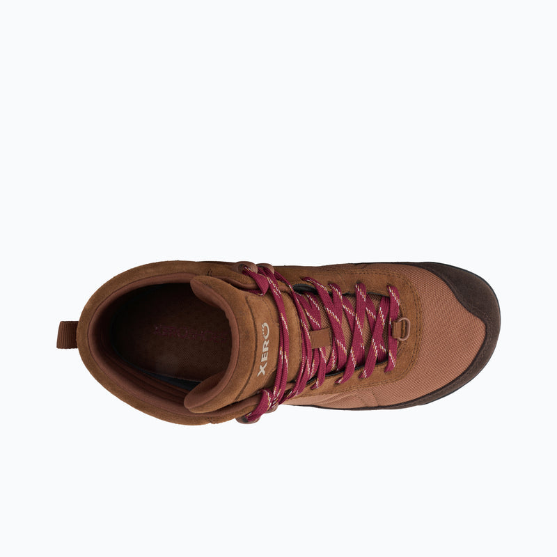 Top View of Xero Shoes Ridgeway Men Boot in Brown with Red Lace Toe Facing Right