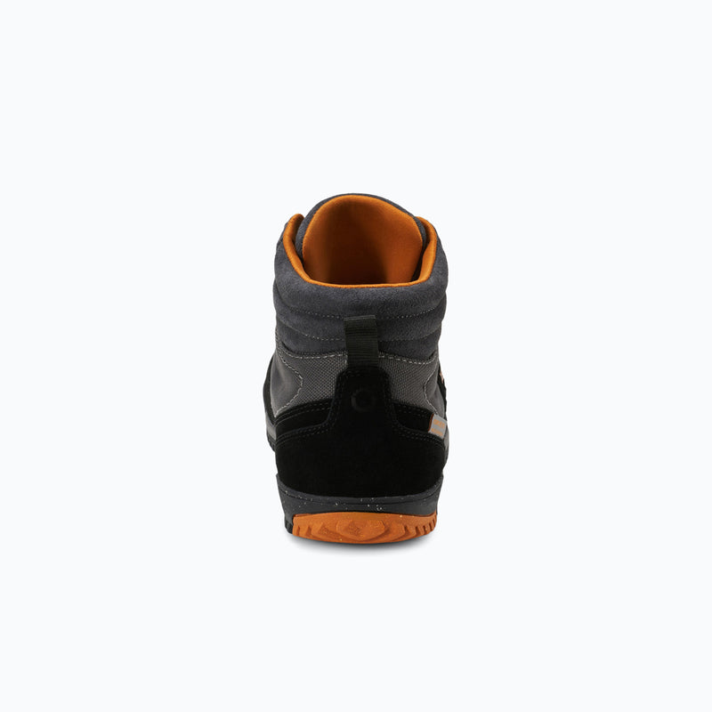 A Rear View of Xero Shoes Ridgeway Men Boot in Black Asphalt and Orange