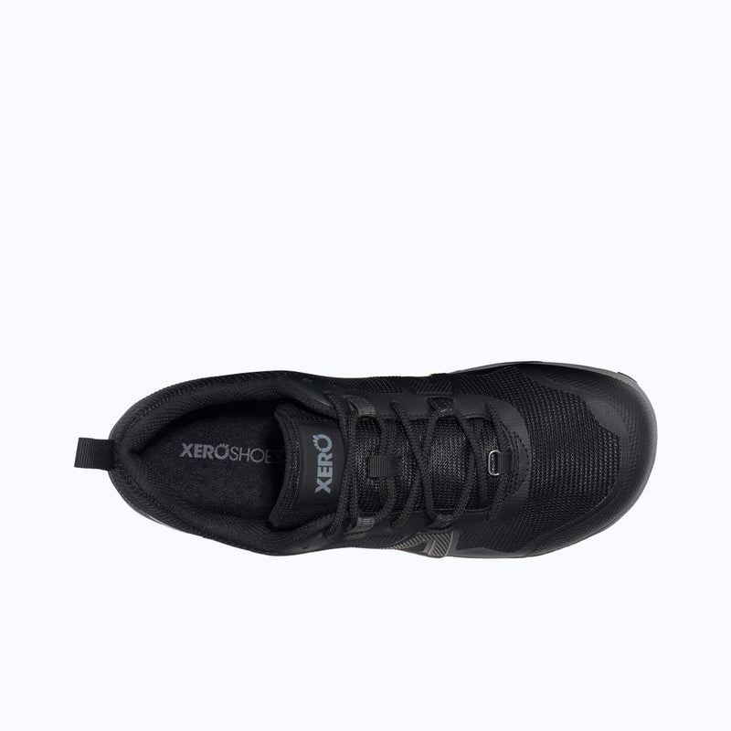 Top View of Xero Shoes Scramble Low EV Men Shoe at Black with Toe Facing Right
