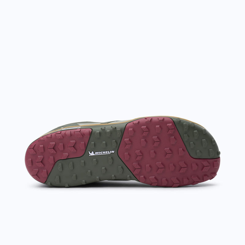 Xero Shoes Scramble Low EV Men Shoe Outsole at Red and Gray with Toe Facing Right