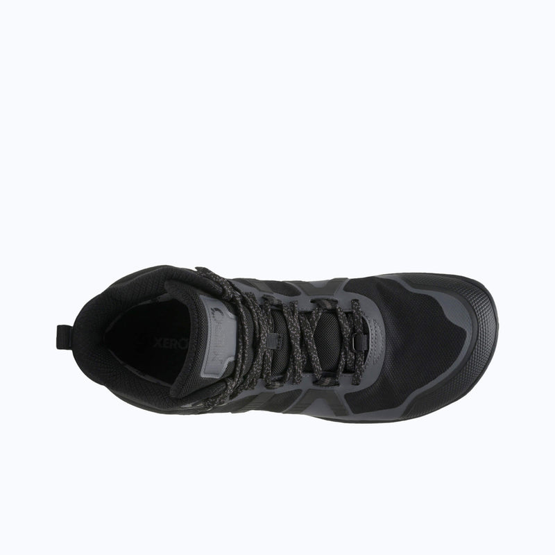 Top View of Xero Shoes Scrambler Mid II WP Men Boot in Black and Gray with Toe Facing Right