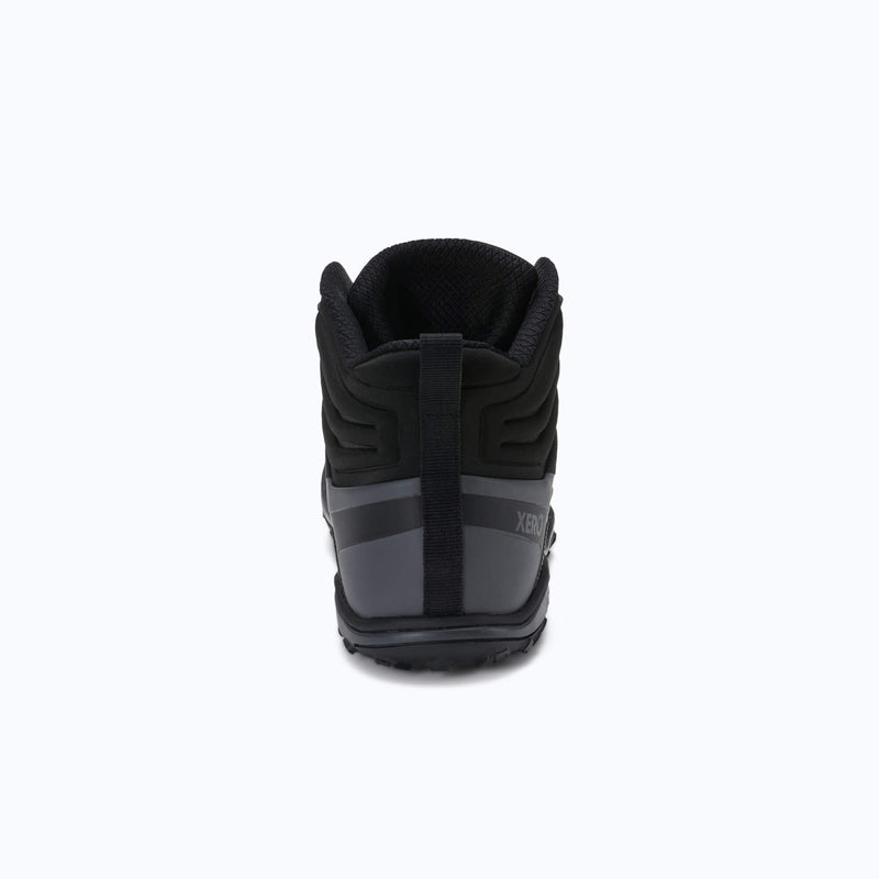 A Rear View of Xero Shoes Scrambler Mid II WP Men Boot in Black and Gray