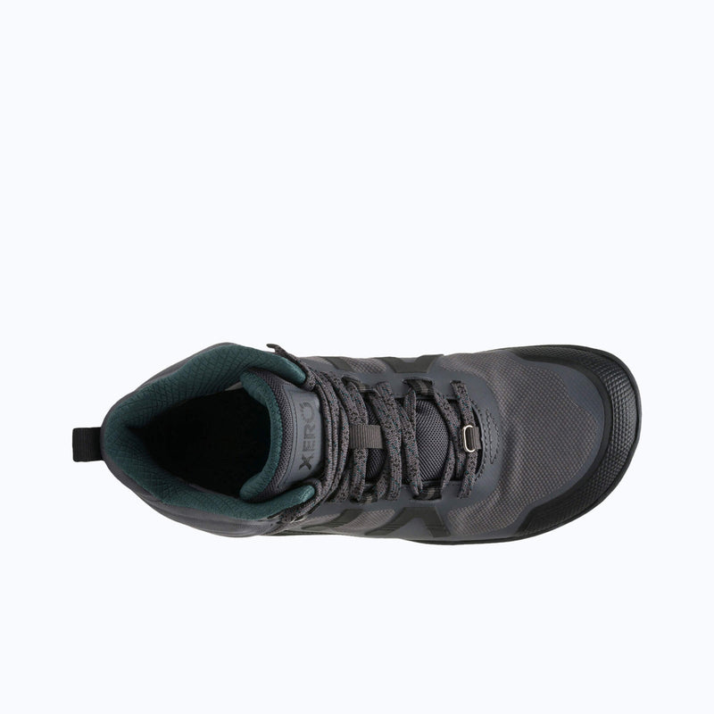 Top View of Xero Shoes Scrambler Mid II WP Women Boot in Gray and Black with Toe Facing Right