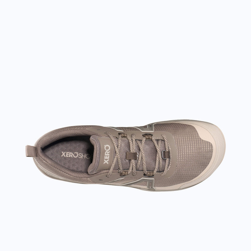 A Top View of Xero Shoes Scrambler Trail Low WP Men Shoe in Morel with Toe Facing Right