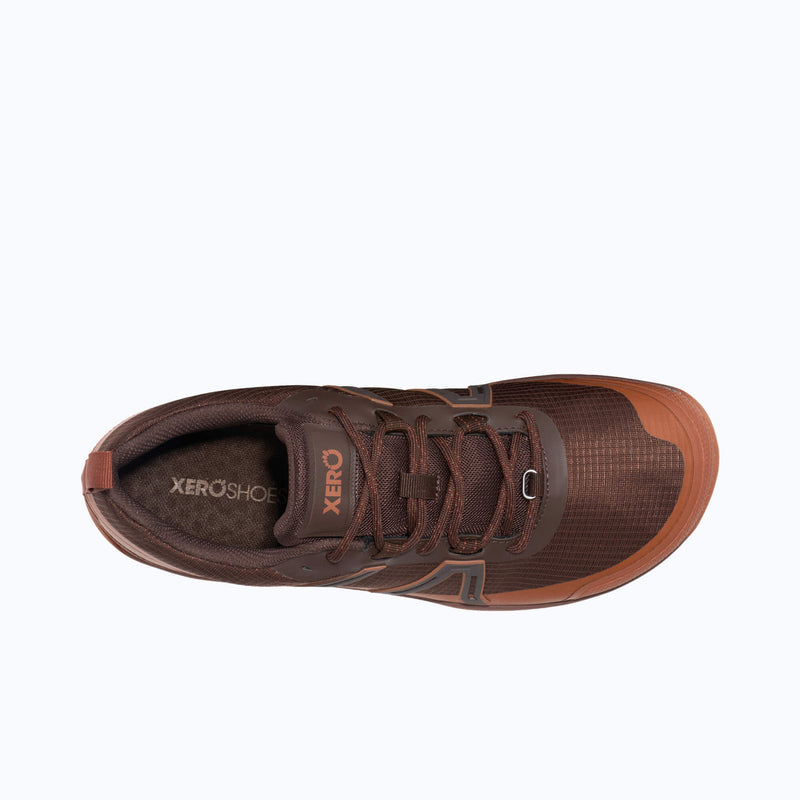 A Top View of Xero Shoes Scrambler Trail Low WP Men Shoe in Java Brown with Toe Facing Right