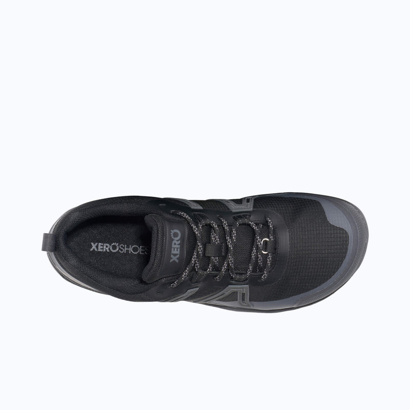 Top View of Xero Shoes Scramble Trail Low WP Men Shoe at Black with Toe Facing Right