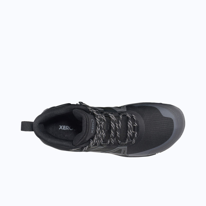 Top View of Xero Shoes Scramble Trail Mid WP Women Boot at Black with Toe Facing Right