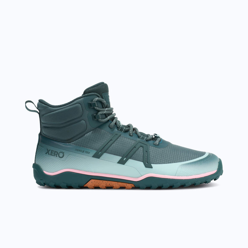 Xero Shoes Scramble Trail Mid WP Women Boot at Dark Green and Mint Green with Toe Facing Right
