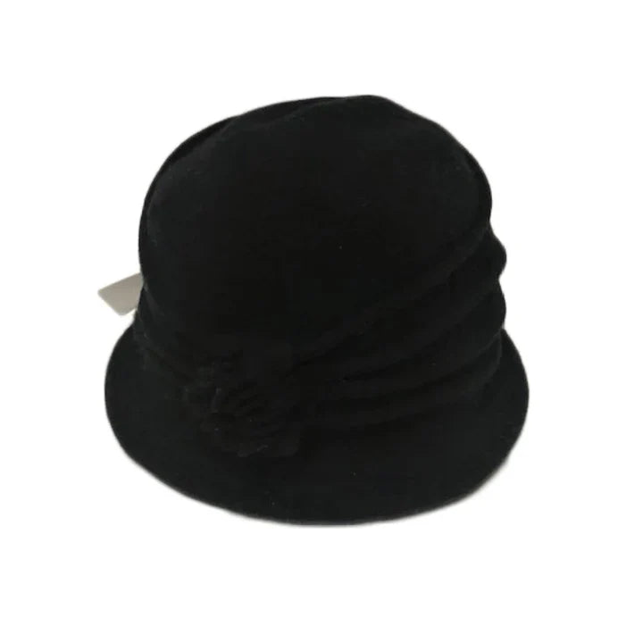 Shihreen Wool Cloche Hat with Pleats and Flower - Black