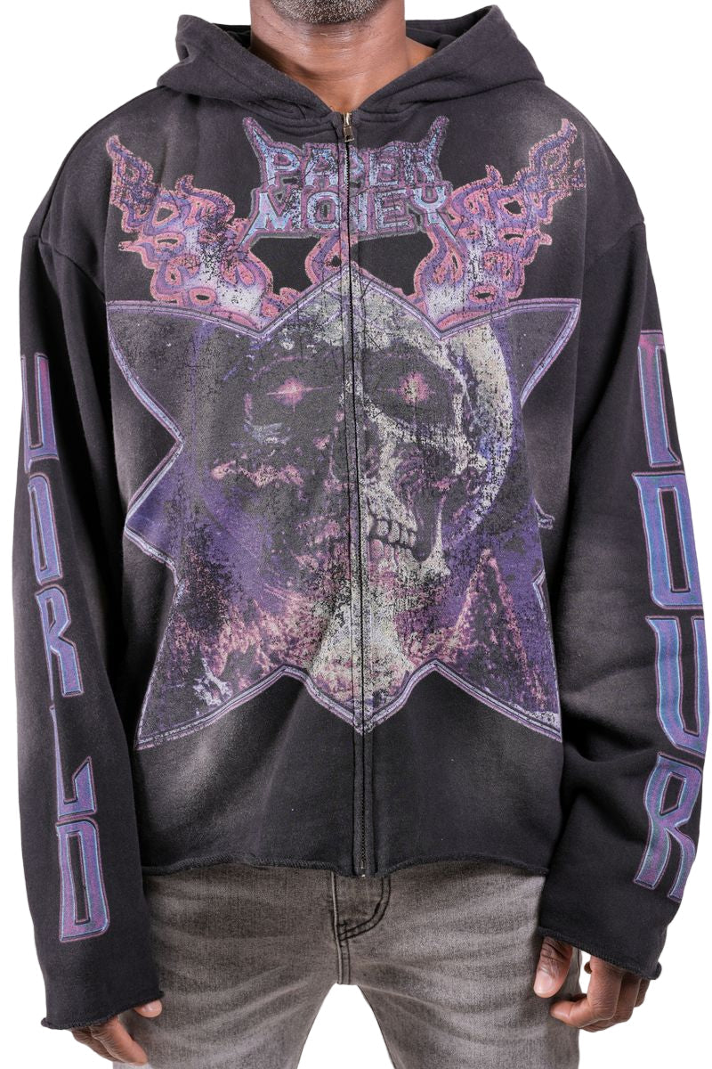 Front View of the Paper Money Skull World Hoodie