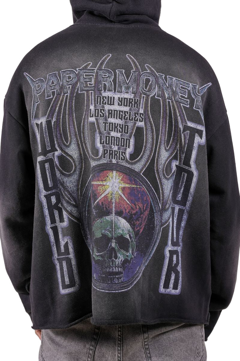 Back View of the Paper Money Skull World Hoodie