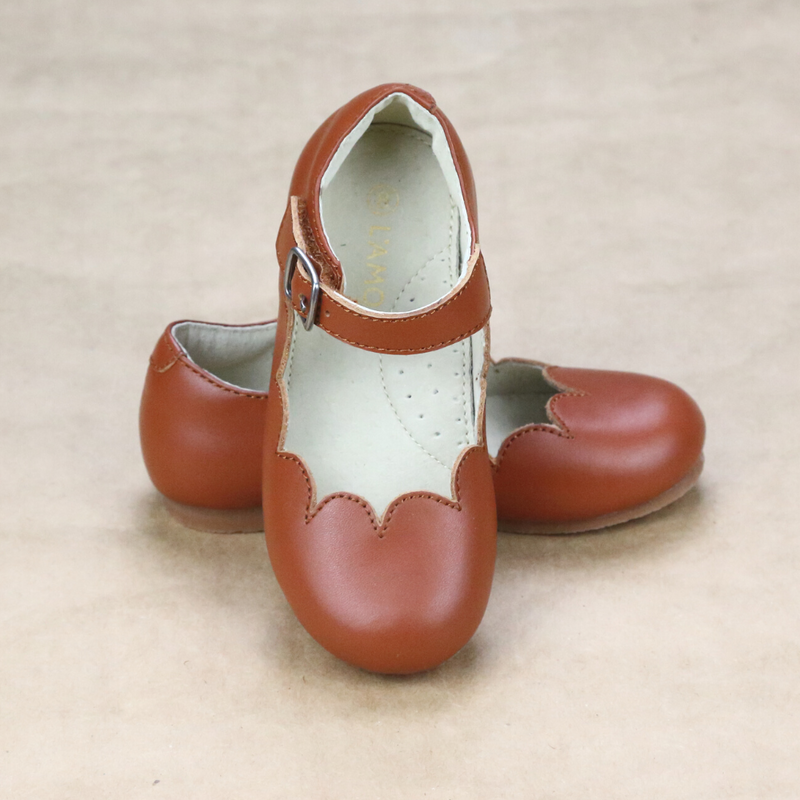 L'Amour Toddler Girls Sonia Classic Scalloped Leather Cognac Flat