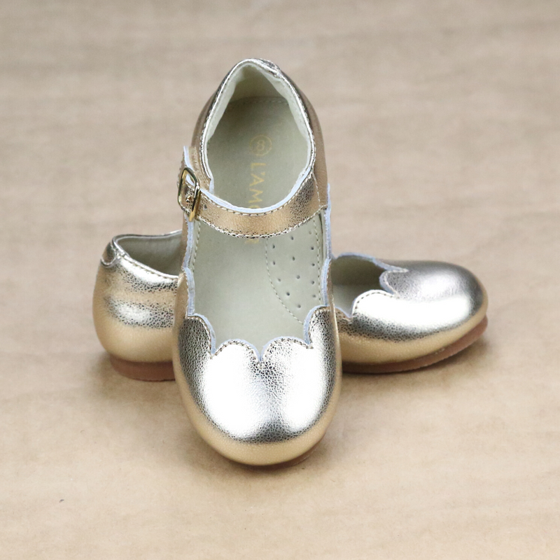L'Amour Toddler Girls Sonia Classic Scalloped Leather Gold Flat