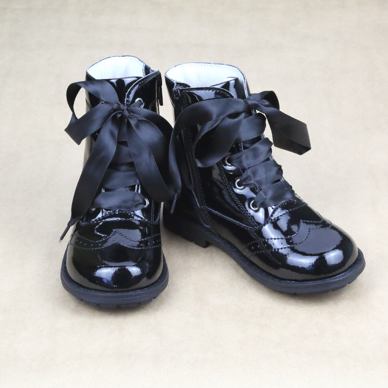 Stellina Toddler Girls Brogue Lace Up Boot - Girls Patent Black Holiday Boot