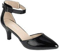 Black patent leather high heel shoe on a white background