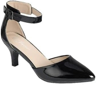 Black patent leather high heel shoe on a white background
