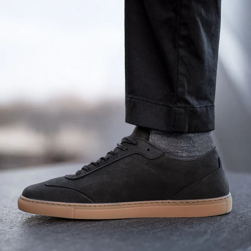 Atlas in Midnight black nubuck on model with black chinos