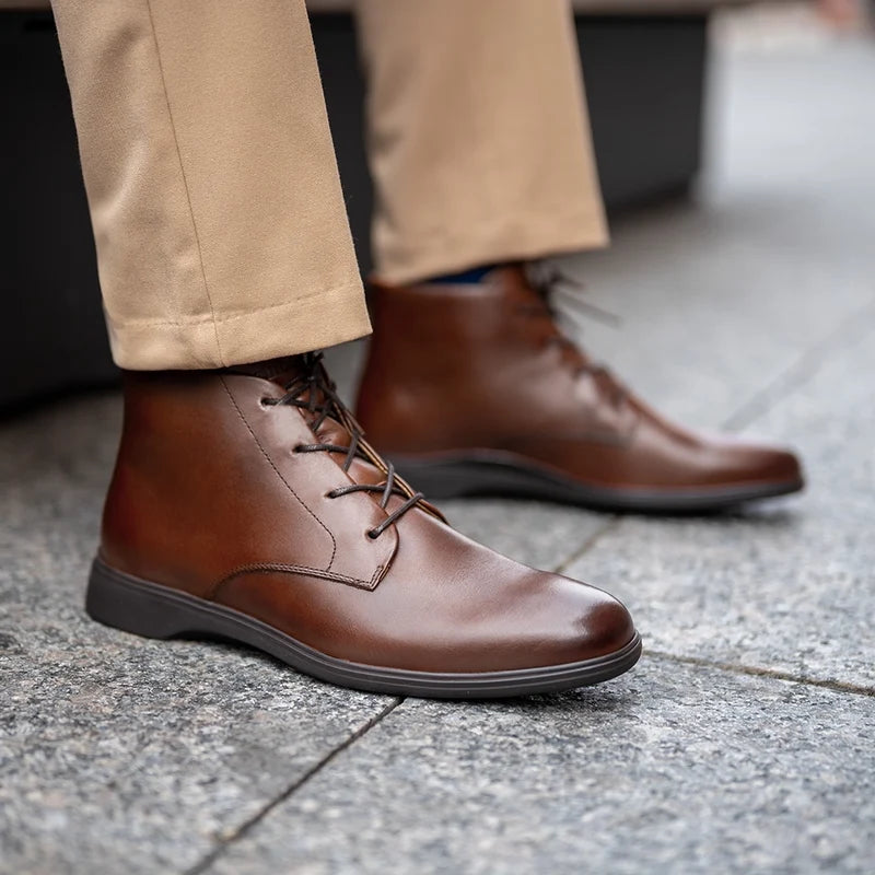 Chukka Chestnut & Mocha on model with tan dress pants