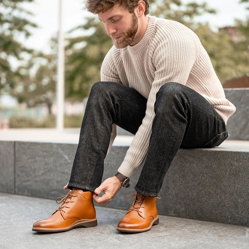 Chukka Honey on model with dark jeans and light sweater