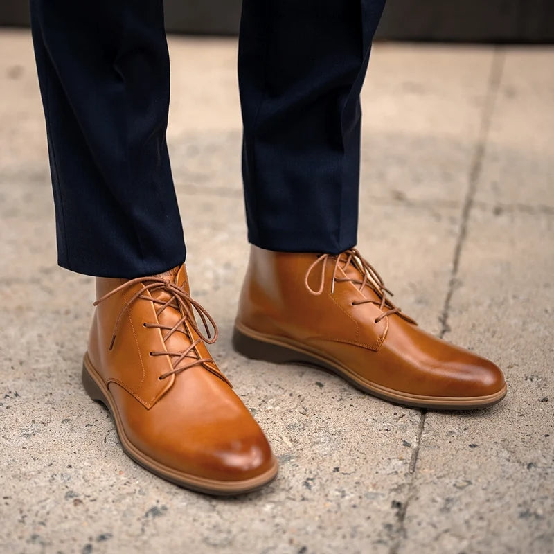 Chukka Honey on model with navy suit