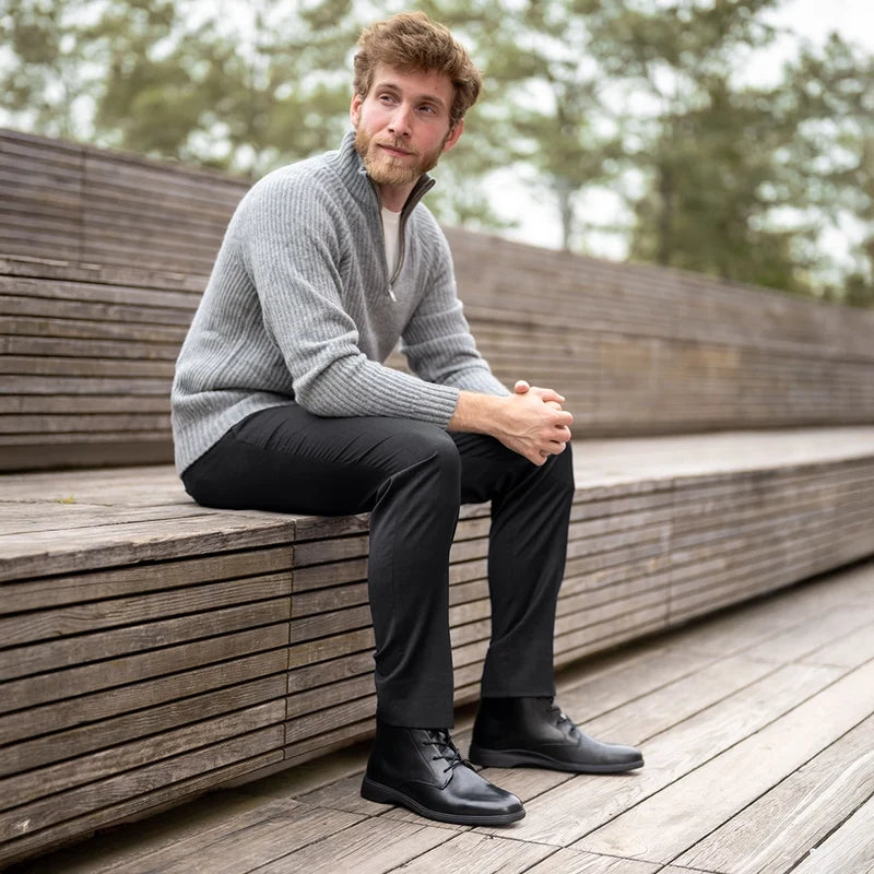 Chukka Obsidian on model with dark dress pants and sweater