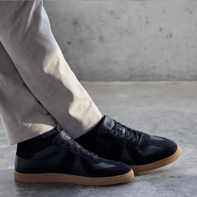 model wearing The GAT in Cobalt full grain leather & suede with khakis