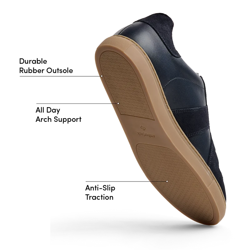 The GAT in Cobalt full grain leather & suede labeled outsole