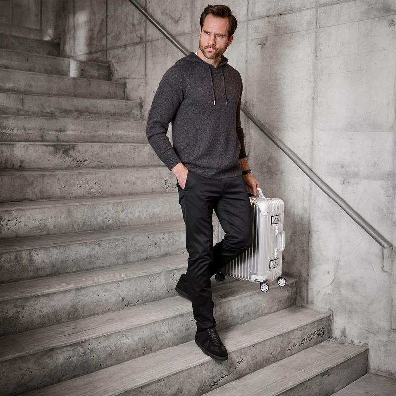 Model wearing The GAT in Obsidian full grain leather & suede with black outfit