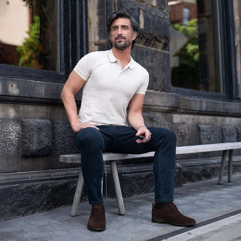 model wearing the OG Walnut dark brown suede