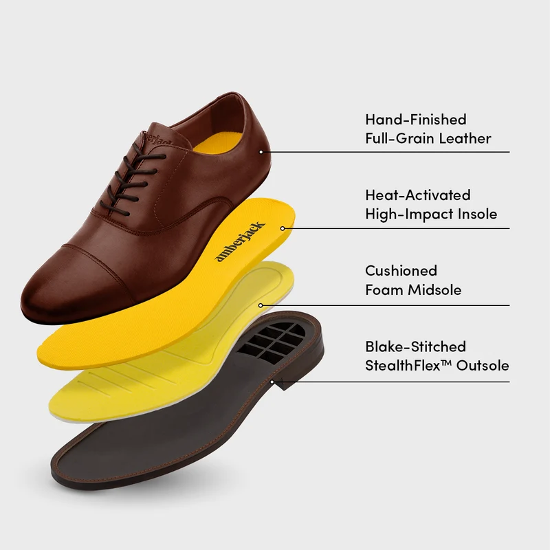 Brown dress shoe with labeled insole components on a white background