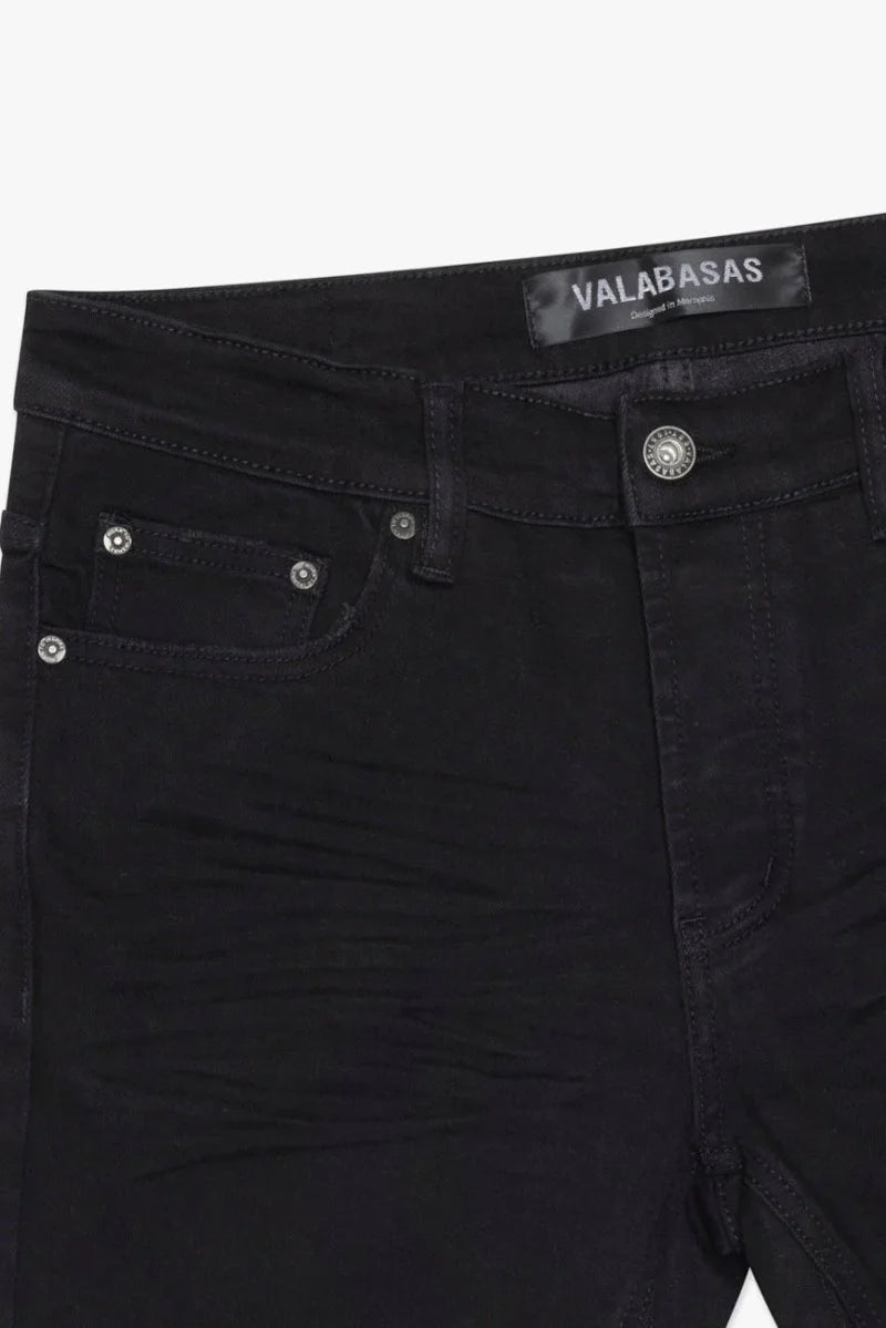 Front Close Up View of the Valabasas Mr.Stacked - BLACK Jeans