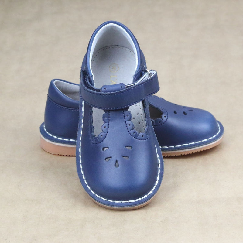 L'Amour Girls Toddler Vintage Inspired Scalloped T-Strap Stitch Down Navy Mary Jane - Petitfoot.com