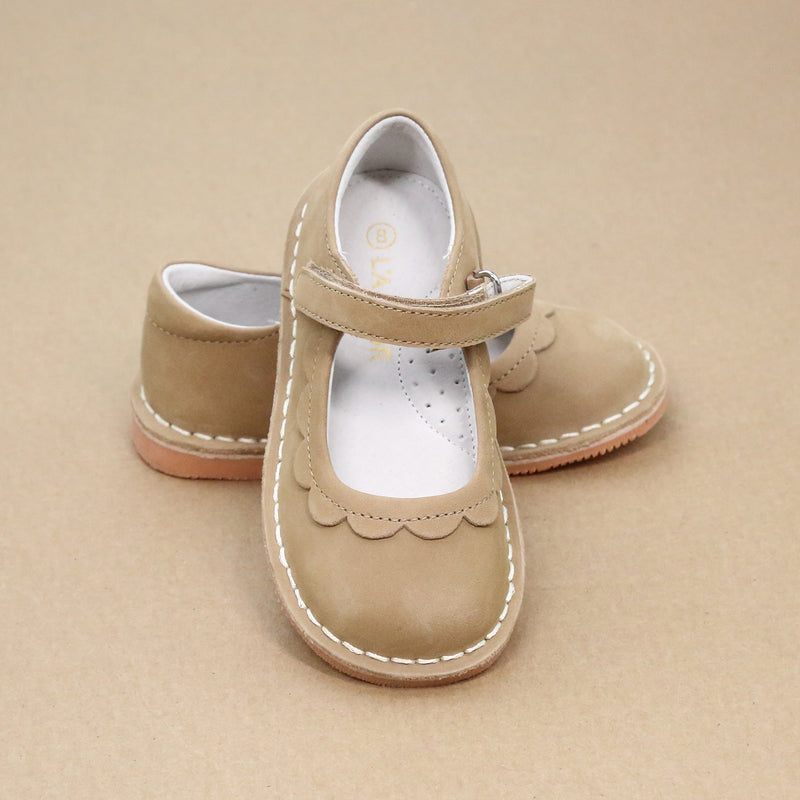 Violette Toddler Girls Scalloped Petal Nubuck Khaki Classic Vintage Mary Janes - Shoes for Easter Best - Petitfoot.com