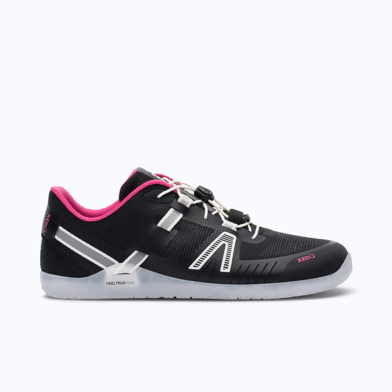 Xero Shoes XT Max Women Shoe in Black with White Quick Laces and with Toe Facing Right