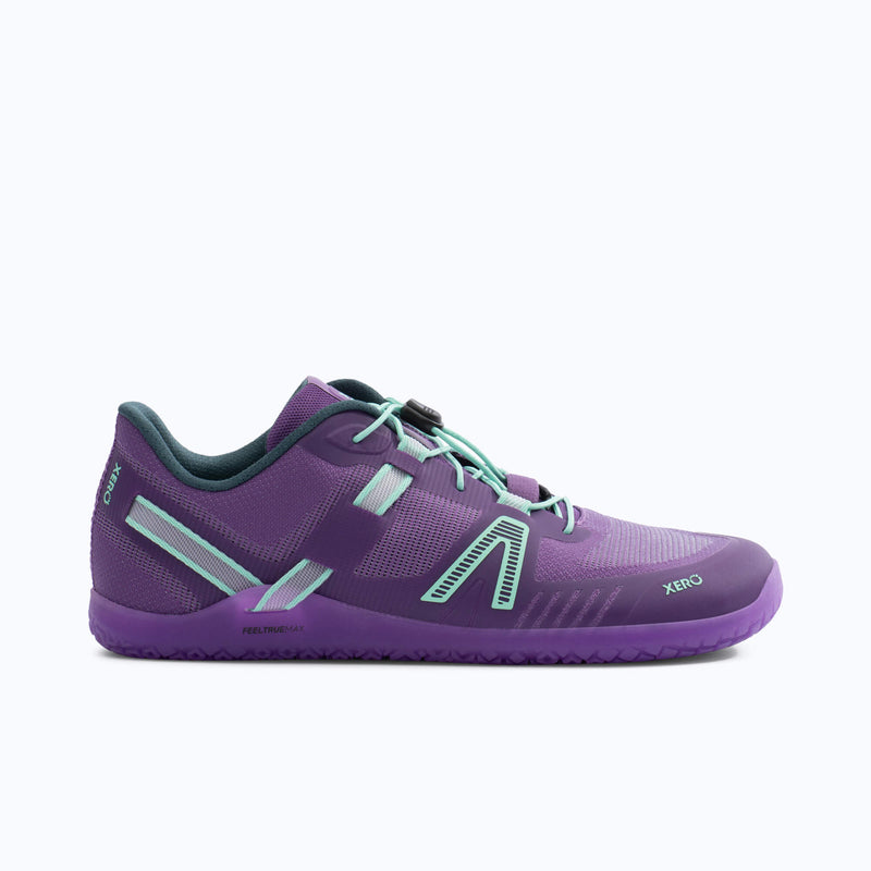 Xero Shoes XT Max Women Shoe in Purple with Mint Blue Quick Laces and with Toe Facing Right